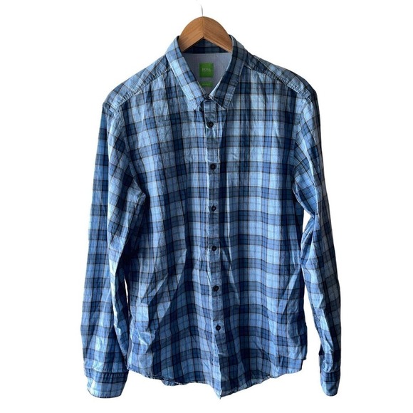 Hugo Boss Size XL Modern Blue Plaid Long Sleeve Button Front Shirt - Picture 1 of 5
